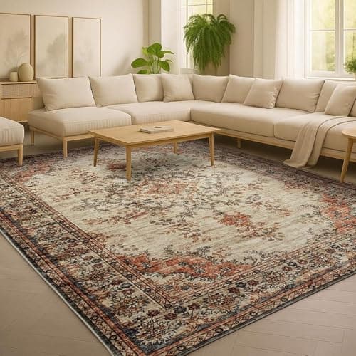 Image of Hafaa Machine Washable Rugs Living Room 120 x 170 cm – Soft Short Pile Large Area Rugs For Bedroom, Kitchen Carpet Non Slip Traditional Oriental Floral Design Vintage Boho Cashmere Rug, Timeless
