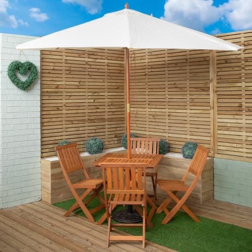 Image of Samuel ALEXANDER Outdoor 4 Person Folding Square Wooden Garden Dining Table with Chairs, Cream Parasol and Parasol Base Set