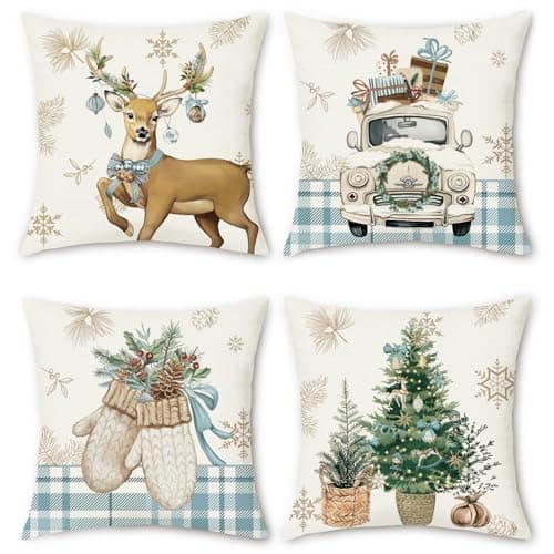 Image of Bonhause Winter Cushion Covers 45 x 45 cm Reindeer Gloves Trees Truck Blue Plaids Polyester Linen Decorative Pillow Covers for Sofa Bed Home Patio Winter Decor Set of 4