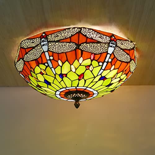 Image of WDBZTJ Tiffany Dragonfly Flush Mount Ceiling Light Fixtures, Dimmable Stained Glass Shade LED Ceiling Lamp, Modern Retro Style Chandelier Pendan Lighting for Living Room Bedroom Hallway,Red,50cm