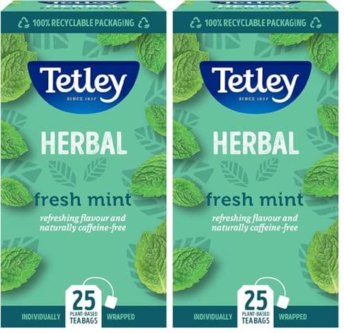 Image of Tetley Fresh Mint Tea Bags - Refreshing Peppermint & Spearmint Blend - Naturally Caffeine-Free - Smooth & Cooling Herbal Infusion - Rainforest Alliance Certified - 25 Teabags (2 Pack)