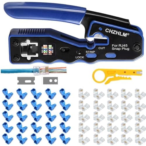 Image of Rj45 Crimp Tool Pass Through Ethernet Crimping Tool kit for 8P Cat5 Cat6 Pass Through Connectors Network Crimp Tool RJ45 Crimper with 50Pcs Covers and 50Pcs Connectors Mini Yellow Stripper