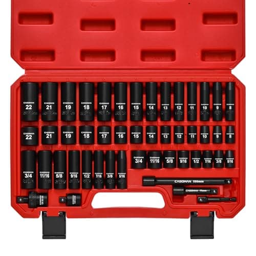 Image of CASOMAN 3/8" Drive Impact Socket Set, 49 Piece Standard SAE and Metric Sizes (5/16-Inch to 3/4-Inch and 8-22 mm), 6 Point, Cr-V Steel Socket Set