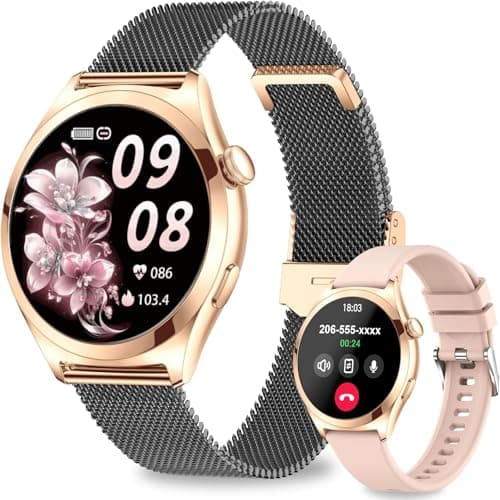 Image of Smart Watch for Women (Answer/Make Call), 1.27" HD Ladies Activity Fitness Tracker with Heart Rate SpO2 Sleep Monitor, IP68 Waterproof Smartwatch for Android iOS with 2 Straps, Black Gold
