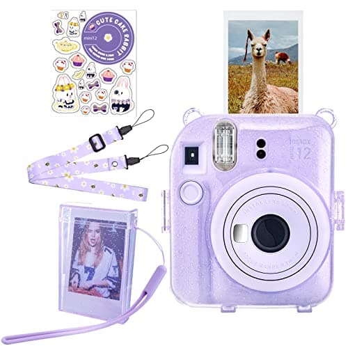 Image of HIYQIN Great Glitter Clear Case with Portable Photo Box Compatible with Fujifilm Instax Mini 12, Instant Mini 12 Case with Accessories - Glitter Purple