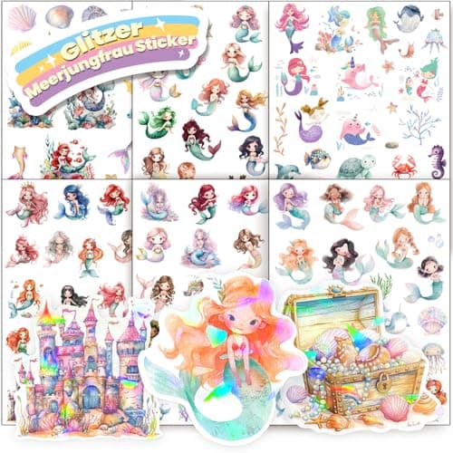 Image of Hongma Mermaid Glitter Stickers with Glitter Effect, 6 Pieces, Over 150 Motifs, Glitter Stickers, Mermaid Stickers, Holographic for Children, Girls, Scrapbooking, Photo Album, Gifts (Not Reflective)