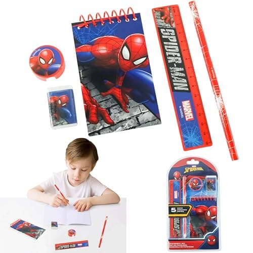 Image of 5Pcs Spiderman School Stationery Set for Kids| A5 Notebook, Eraser, Pencil, Ruler, Sharpener| Marvel Avengers Activity Book - Boys Stationery Gifts for Ideal for Artists, Summer Students & Beginners