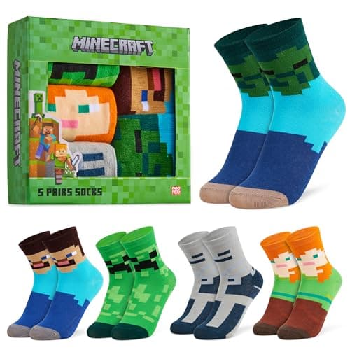 Image of Minecraft Boys Calf Length Socks, Soft Breathable Creeper Everyday Sports School Socks Multipack - Gifts for Gamers (Green Square/5 Pack, 12/3 UK, 6-9 Years)