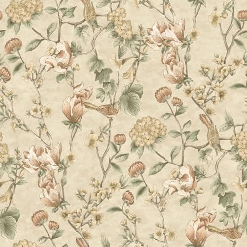 Image of Cream Floral Bird Trail Wallpaper - Green Flower Trees Leaves Natural Botanical Feature Wall
