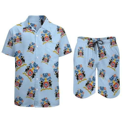 Image of Coat of Arms of Azore Men's Beach Shirt And Shorts Set 2 Piece Hawaiian Button Down Shirts And Shorts M