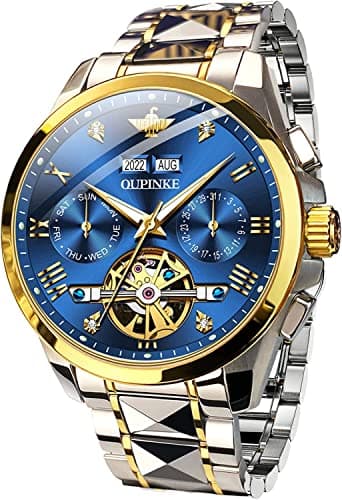 Image of OLEVS Men Skeleton Watch Automatic Mechanical Self Winding Sapphire Crystal Luxury Dress Tungsten Steel Waterproof Two Tone Strap