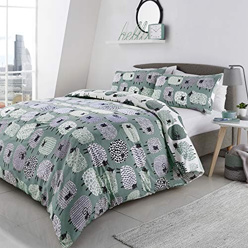 Image of Fusion Dotty Sheep Duvet Cover – Single Size 140 x 200cm – Duck Egg Blue – Reversible Farm Animal Bedding – 100% Cotton – Gifts for Animal Lovers