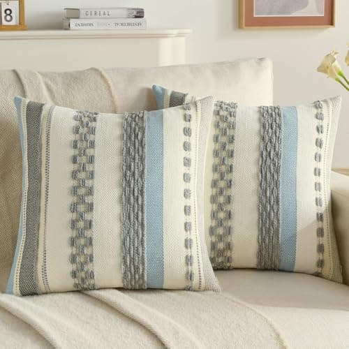 Image of FUTEI Set of 2 Chenille Tufted 45cm x 45cm Coastal Cushion Covers Soft Striped Textured Scatter Pillow Covers 45 x 45 cm Modern Boho Accent Cushions for Sofa Bed Living Room, Grey