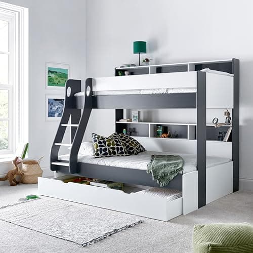 Image of Bedmaster Oliver Triple Sleeper Storage Bunk Bed And Drawer With Mattresses Multiple Colours Single Bunk And Small Double Bunk (Pocket Sprung Mattresses, Grey and White)