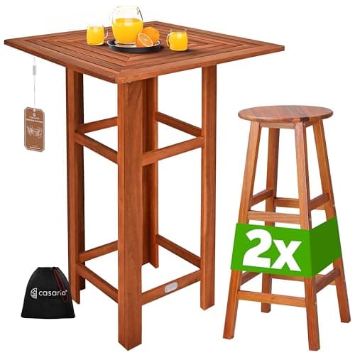 Image of CASARIA® Bar Table And Stool Set | Outdoor or Indoor | 2x Kitchen Bar Stools and 110x75x75cm High Tall Table Made from Rustic Solid Acacia Wood | Weatherproof Garden Furniture