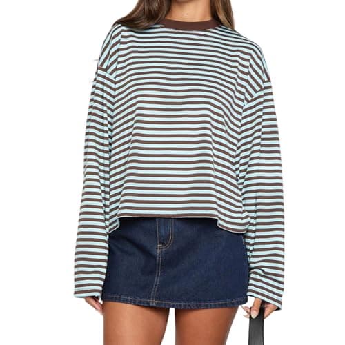Image of Women Striped Long Sleeve Top Crew Neck Color Block Tee Shirts Loose Basic T Shirt Fall Fashion 2025 (Brown, S)