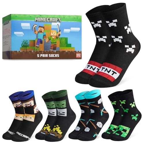 Image of Minecraft Boys Calf Length Socks, Soft Breathable Creeper Everyday Sports School Socks Multipack - Gifts for Gamers (Black/Multi/5 Pack, 12.5/3.5 UK, 7-10 Years)