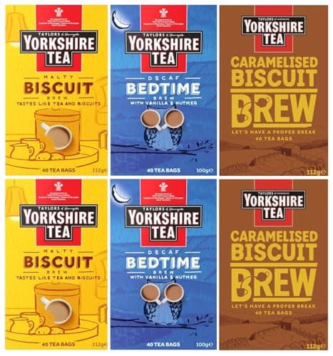 Image of Yorkshire Tea Variety Pack x40 Tea Bags, Flavours Inc. Malty Biscuit Brew, Decaf Bedtime Brew and Caramelised Biscuit Brew (Pack of 6, Total 240 Tea Bags)