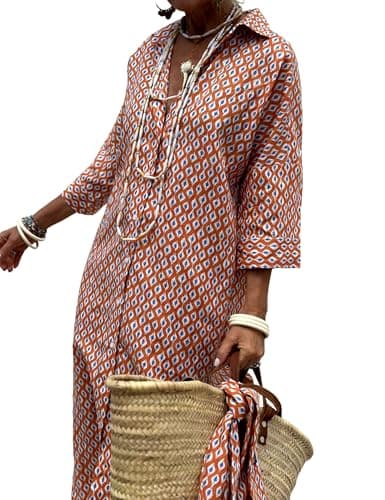Image of MINTLIMIT Women's Casual Long Sleeve Button Down Loose Striped Cotton Maxi Shirt Dress Red