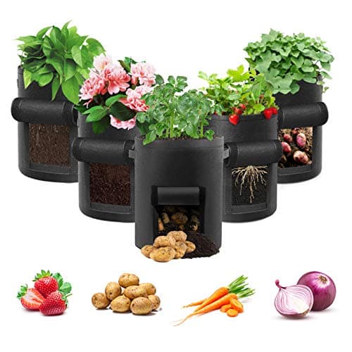 Image of Potato Grow Bag, 5 Pack 10 Gallon Vegetable Grow Plant Bags Breathable Garden Growing Bag Planting Tomato Fabric Pots with Strap Handles and Access Flap for Vegetables, Fruits, Flowers (Black)
