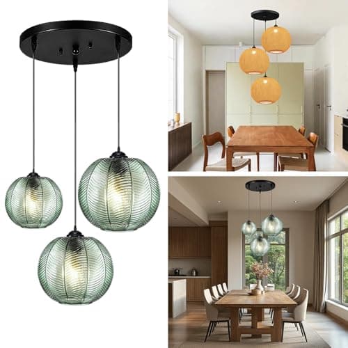 Image of GXF 3 in 1 Green Glass Pendant Light Fixtures, E26 E27 Large Chandelier Mid Century Modern Chandelier Ribbed Blown Glass Globe Shade Hanging Light Ceiling Light for Living Room Restaurant Bar