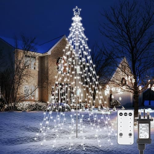 Image of Joomer Christmas Tree Lights Topper Star, Height 12.7ft 568 LED Outdoor Christmas Lights Mains Powered with Remote Control, 8 Modes Dimmable Timer String Fairy Lights for Garden Lawn Xmas Decor(White)
