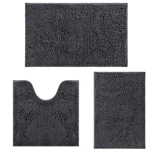 Image of RUN HELIX Ultra Soft Chenille Bath Mat Non Slip, Bath Mat Set 3 Piece, Shaggy Bathroom Mats, Absorbent Bath Mats for Bathroom, Fluffy Bathrooms Mat Set with U-Shaped Toilet Rug (Dark Grey)