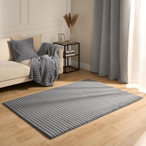 Image of OHS Rugs Living Room Large, Faux Fur Ribbed Area Rugs for Bedroom Super Soft Comfy Non Slip Modern Thick Pile Non Shedding Rug for Home Office Lounge, Charcoal Grey - 160 x 230cm