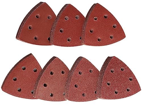 Image of STEBRUAM Delta-Triangle Sanding Sheets, Sanding discs 70 Pieces Detail Sander Pads 6 Holes Triangle Sandpaper 10 x Grits 60/80/120/180/240/320/400 Triangle Sanding Pads 93 x 93 x 93 mm Sander Sheets