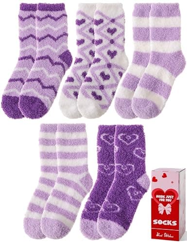 Image of Sandsuced Womens Fluffy Socks Warm Cosy Winter Slipper Thick Crew Fleece Comfy Sleep Plush Heart Socks 5 Pairs Christmas Stocking Fillers (Purple Heart Stripe,M)