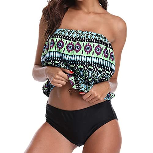 Image of Swimming Costume Women Two Piece Bandeau Tankini Sets for Women UK Tummy Control Swimwear for Women Plus Size Swimsuits for Women Bathing Suits Floral Printed Vintage Novelty Beachwear Swim Suits