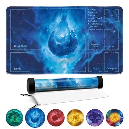 Image of FROGIGO Stellar Island Playmat for MTG – 24"x14" Blue Cosmic Water Game Mat with Play Zones & Prismatic Playmat Tube, Non-Slip Table Mat for Magic The Gathering
