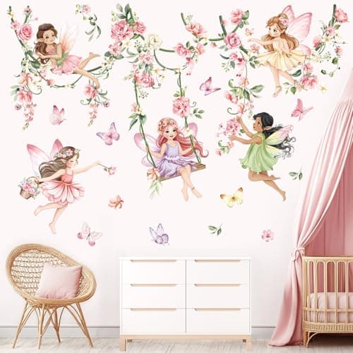 Image of decalmile Pink Flower Fairy Wall Stickers Hanging Peony Flower Vine Butterfly Elf Wall Decals Baby Nursery Bedroom Girls Room Home Decor