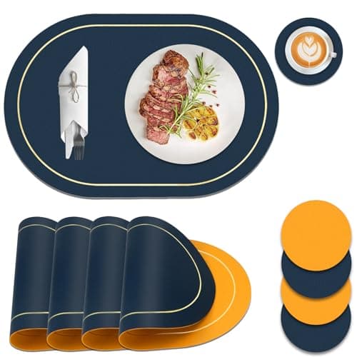 Image of Table Mats Set of 4, Faux Leather Wipeable Placemats and Coasters Sets 4, Dual-Sided Non Slip Heat Resistant Place Mats for Table 4, Large Placemat for Xmas Dining Restaurant Party (Navy Blue, Yellow)