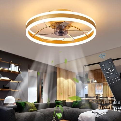 Image of OMGPFR LED Ceiling Fan with Lights, Reversible Remote, 6 Speeds Modern Bedroom Fan Light, Quiet Dimmable Small Ceiling Light for Living Room, Gold 50CM