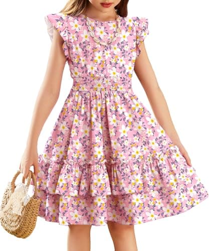 Image of Arshiner Girls Dresses Flutter Sleeve Kids Summer Cotton Casual A-Line Dress Girdle Tiered Swing Festive Dress for Girls 13-14 Years Pink Flower