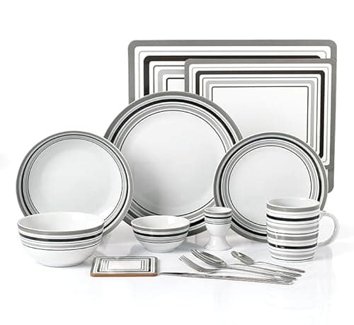 Image of Waterside 80pc Grey Band Combination Tableware Set; Porcelain Dinner Plates, Side Plates, Soup Bowls, Deep Bowls, Mugs, Egg Cups & Snack Bowls + Placemats/Coasters & Cutlery