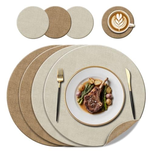 Image of KERYCHIN 4 Round Leather Place Mats(38cm) + 4 Coasters(10cm) Set, Heat-Resistant 212°F Placemats, Non-Slip ＆ Wipeable, Dual-Sided Kitchen Accessories for Home, Outdoor Dining Table, (Beige/Cream)