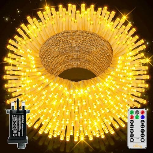 Image of Ollny Christmas Tree Lights, 50m 500 LED Outdoor Fairy Light Mains Powered, Waterproof Warm White String Light with Plug, Remote/8 Modes/Timer, Bright Lighting Indoor/Outside/Garden/Xmas Decorations