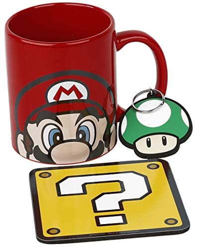 Image of Pyramid International Super Mario Gift Set with Mug, Coaster and Keyring in Presentation Gift Box (Super Mario Design) 11oz Ceramic Mug - Official Merchandise