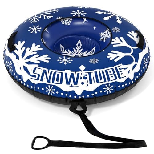 Image of COSTWAY 42”/52" Inflatable Snow Tube, Heavy-Duty Sled Ski Tube with Handles, Premium Oxford Cover and Tow Strap, Outdoor Snow Sledge Fun Toys for Kids & Adults (Navy, 42")