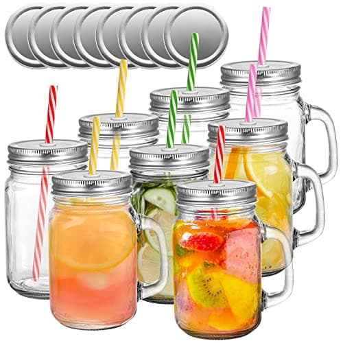 Image of Tosnail 8 Pack 16oz Glass Mason Jar Mugs with Handle, 16 Pcs Tin Lids and 8 Pcs Plastic Straws, 480ml Old Fashioned Mason Jar Drinking Glasses, Clear Glass Cups for Party and Daily Use