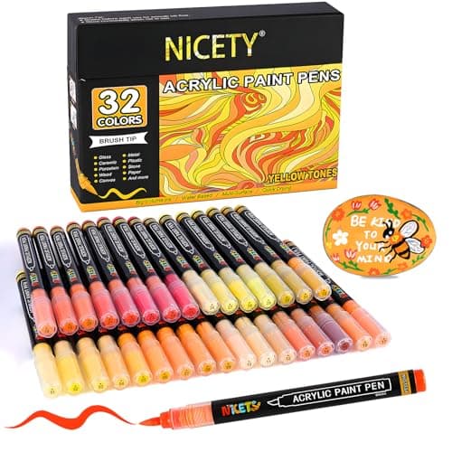 Image of NICETY 32 Colours Acrylic Paint Pens - Paint Markers 1-5mm Brush Tip Water Based Acrylic Markers for Rock Painting Stone Wood Ceramic (Yellow)