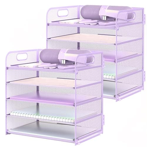 Image of 2 Pack Letter Tray Paper Organizer 5-Tier Desk Organizer File Organizer Paper Holder with Handle, Metal Desktop Document Shelf Tray Office Classroom Organization - Purple