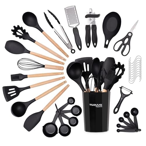 Image of Kitchen Non Stick Cooking Utensils Set – Heat Resistant Silicone Utensils with Wooden Handle – Ladles, Spoons and Spatulas Set – Kitchen Tools & Accessories – 35pcs, Black – by Nuovva