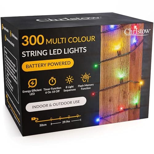 Image of CHRISTOW Christmas Fairy Lights Battery Operated, Multi-Coloured LED String Lighting with Timer, Indoor & Outdoor, 8 Light Modes Flashing & Static, Green Cable (300 LED / 30m Lit Length)
