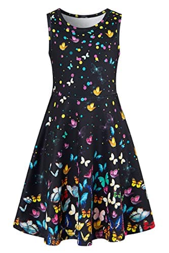 Image of Belovecol Girls Dress Black Butterfly Printed Casual Party Twirly Dress for Kids 6-7 Years