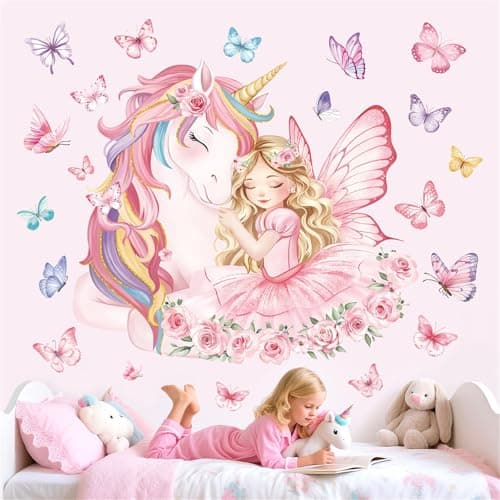 Image of decalmile Large Unicorn Wall Stickers Pink Fairy Girl Butterfly Wall Decals Baby Nursery Bedroom Girls Room Home Decor