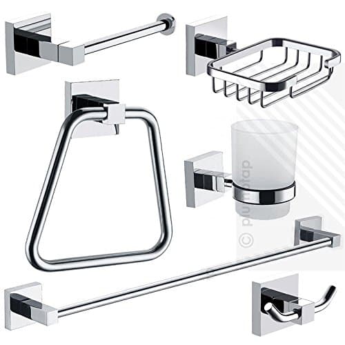 Image of 6 Piece Bathroom Accessories KIT in Chrome, Very Strong & Modern Wall Mounted Towel Rail & Ring, Toilet Roll Holder, Hook, Tumbler and Soap Basket by EcoSpa