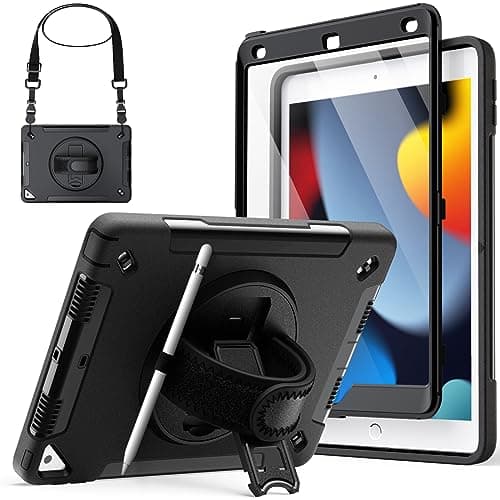 Image of JETech Case for iPad 10.2-Inch (9th/8th/7th Generation, 2021/2020/2019) with Built-in Screen Protector, Protective Shockproof Rugged Tablet Cover, 360° Rotating Hand Strap Stand (Black)